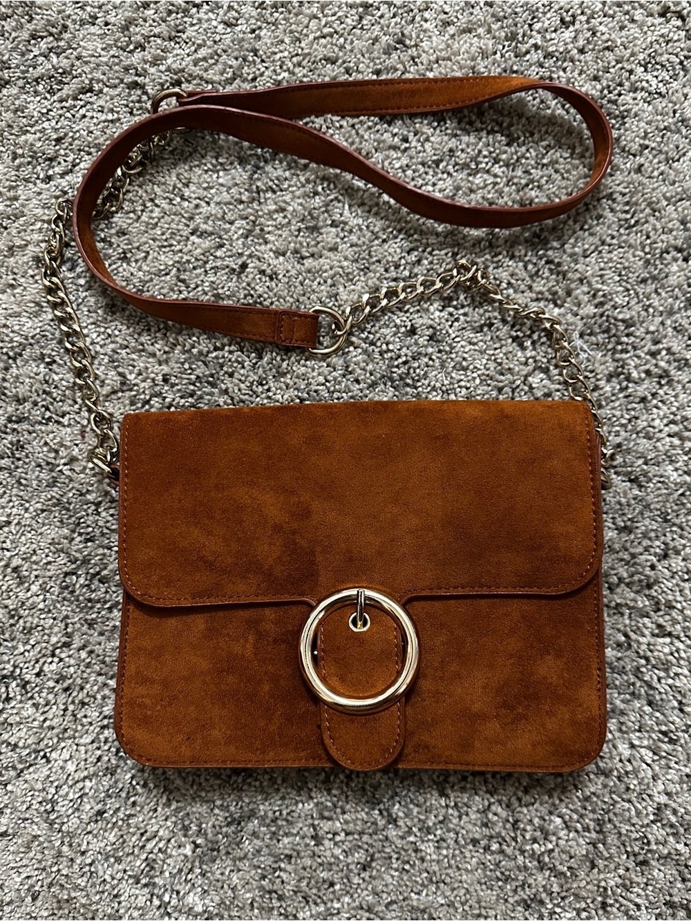 Forever 21 Suede Crossbody Bag in Cognac Brown with Gold Ring